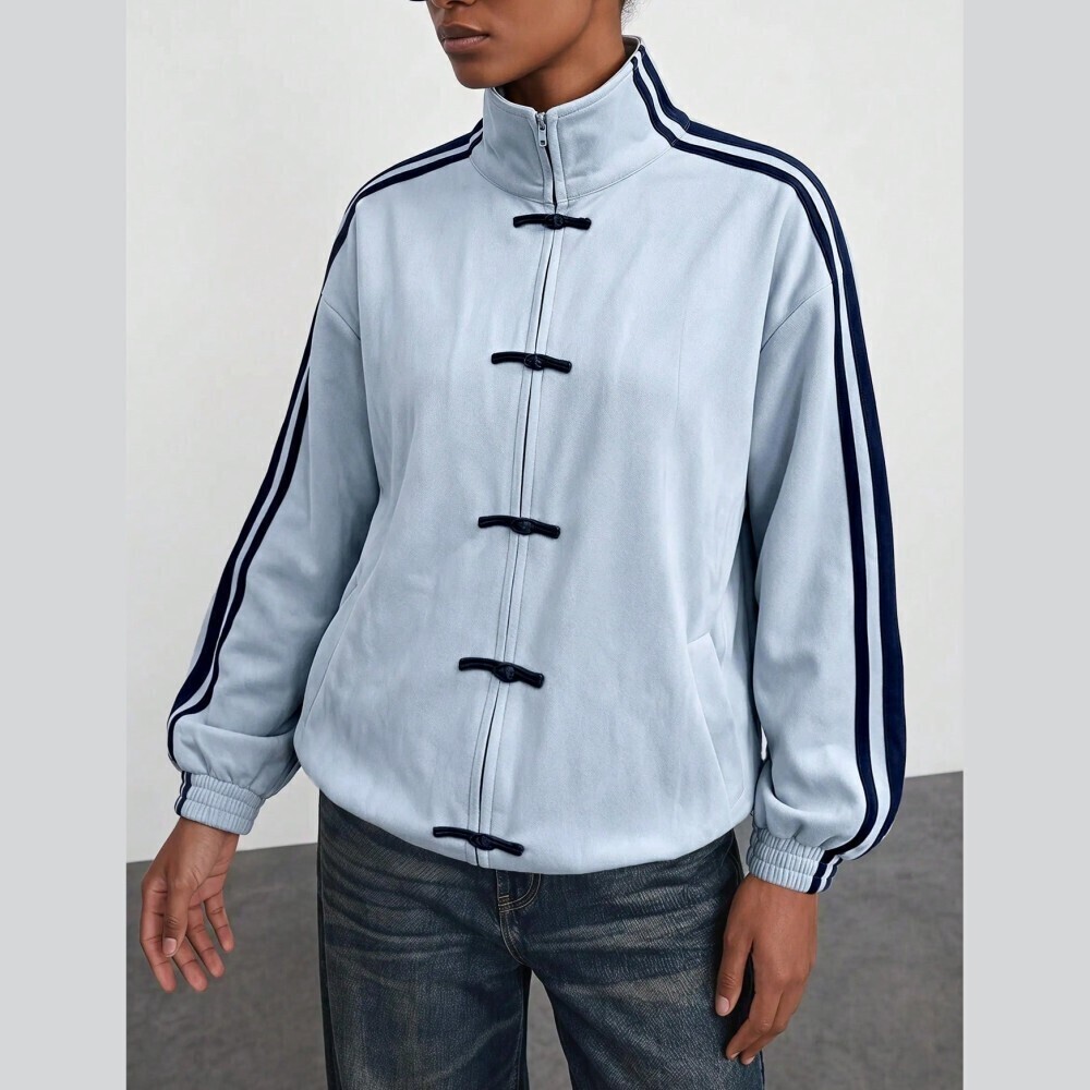 Sky Blue Track Jacket with Navy Stripes and Frog Closures - Picture 5 of 8